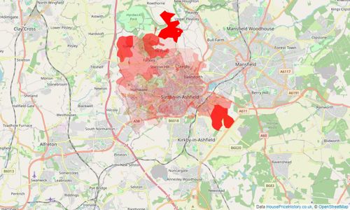 Heatmap of property prices in Sutton-in-ashfield