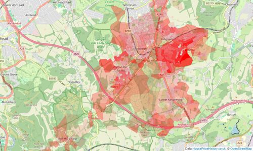 Heatmap of property prices in Tadworth