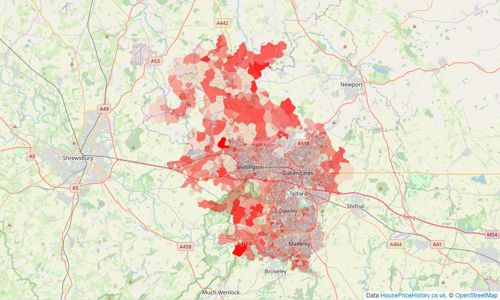 Heatmap of property prices in Telford