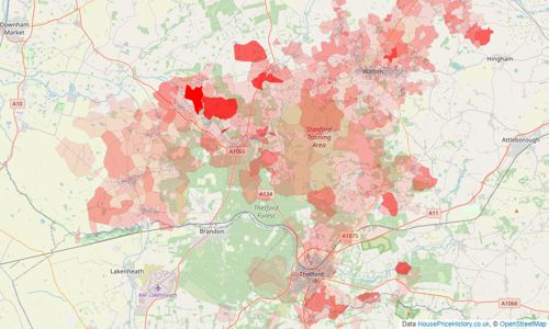 Heatmap of property prices in Thetford