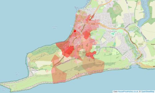 Heatmap of property prices in Totland Bay