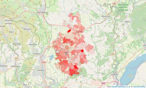 Heatmap of property prices in Usk