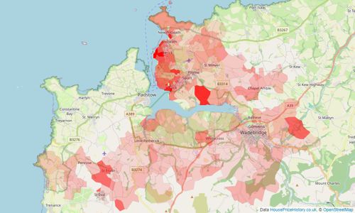 Heatmap of property prices in Wadebridge