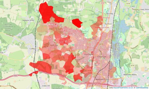 Heatmap of property prices in Waltham Cross