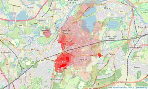 Heatmap of property prices in Walton-on-thames