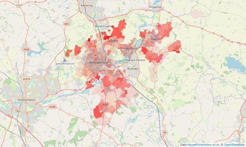 Heatmap of property prices in Wellingborough