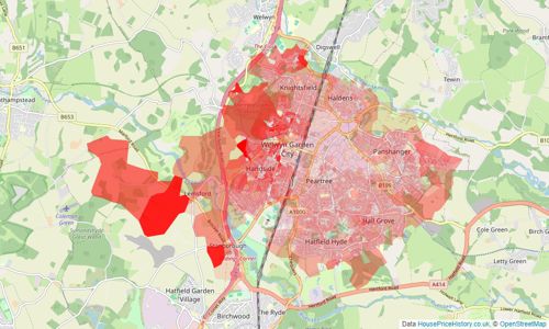 Heatmap of property prices in Welwyn Garden City