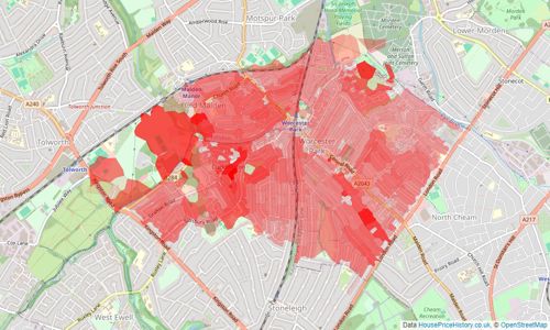 Heatmap of property prices in Worcester Park